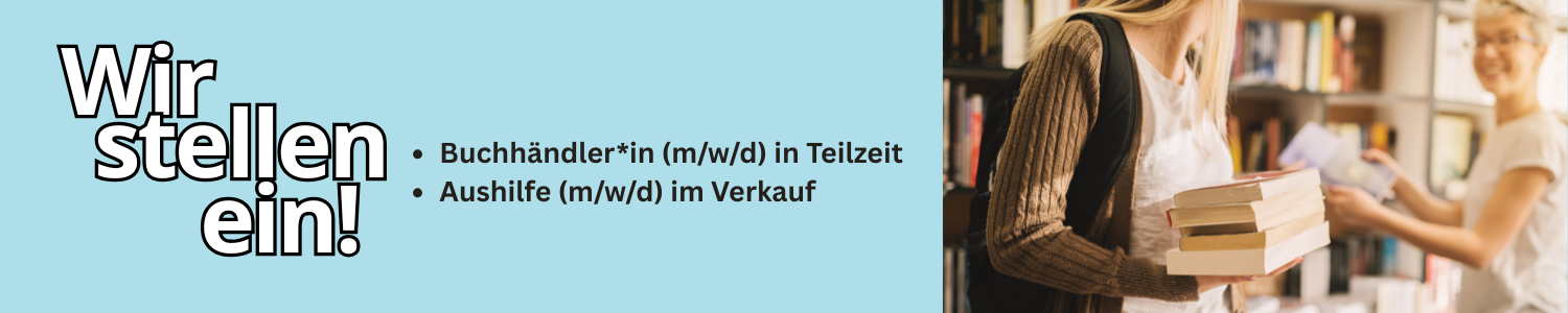 Stellenanzeige mit Foto aus dem Innen einer Buchhandlung, zu sehen sind zwei junge Frauen