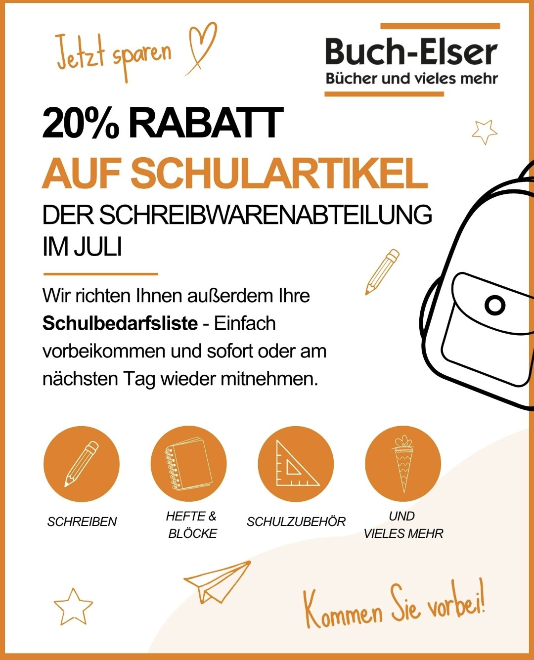 Im Juli: 20% Rabatt auf alle Schulartikel der Schreibwarenabteilung, außer Legami Im Juli: 20% Rabatt auf alle Schulartikel der Schreibwarenabteilung, außer Legami